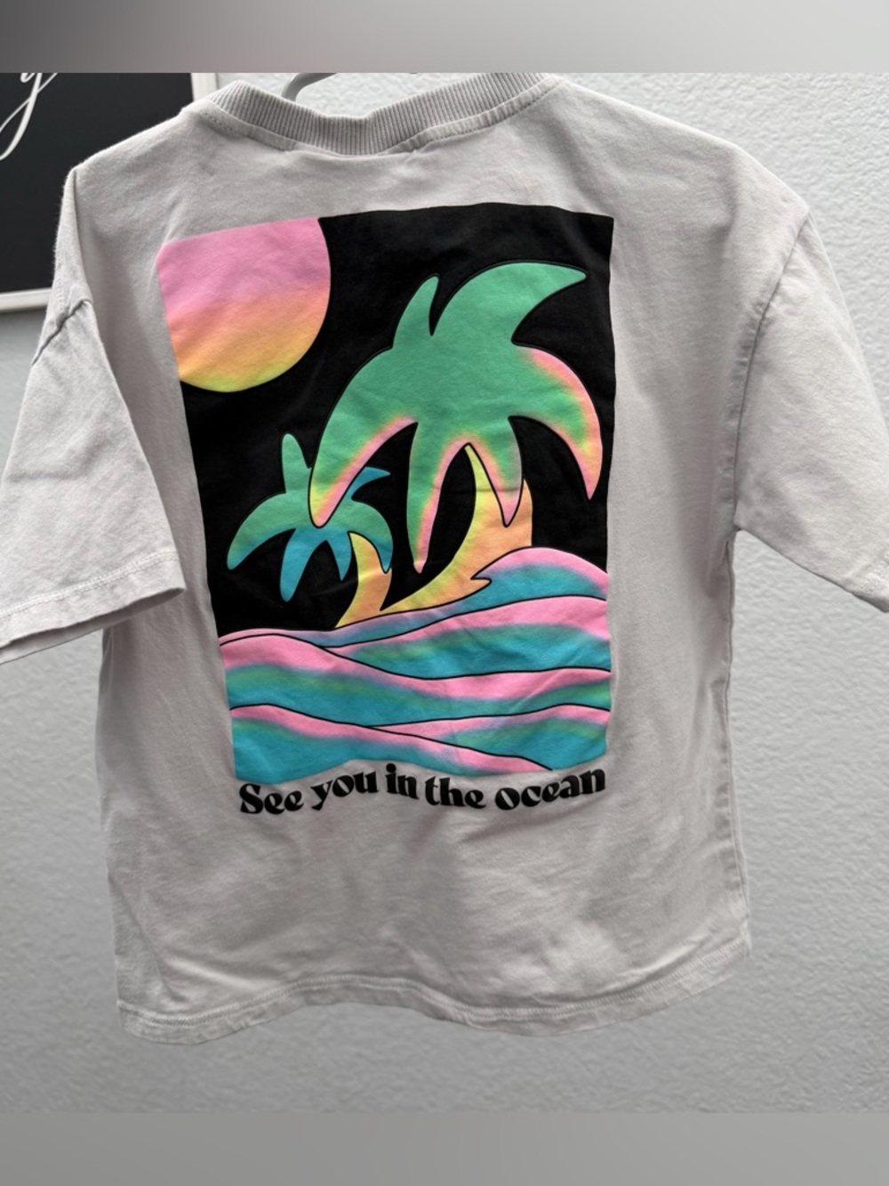 Zara White Tee with Pastel Palm Tree Graphic